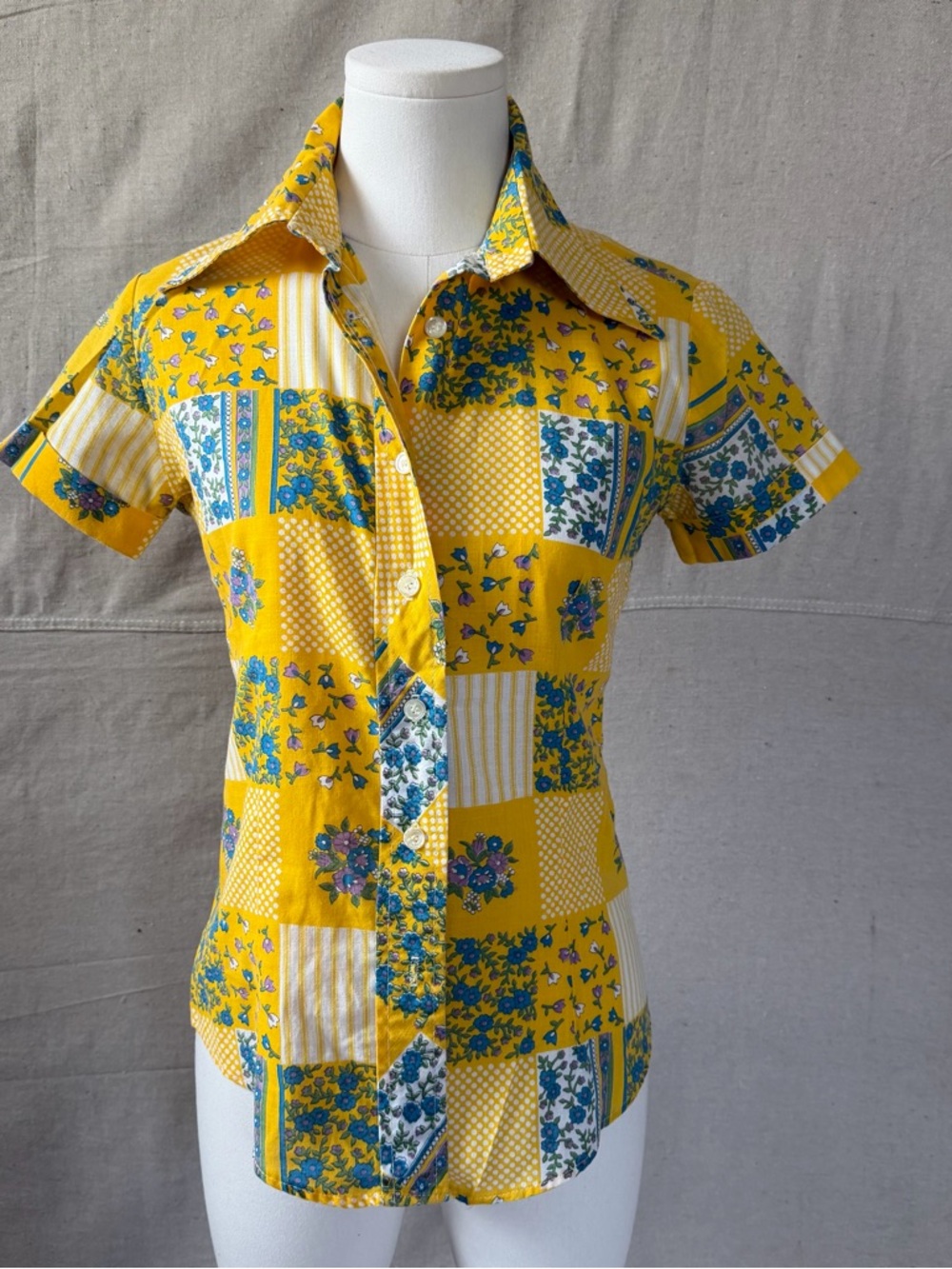 Vintage Yellow Patchwork Floral Button Down Shirt